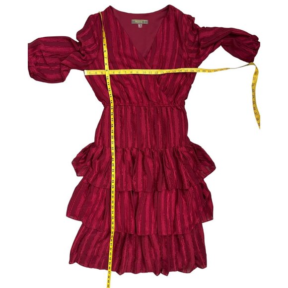 Melonie T Red Tiered Ruffle Midi Dress Size 10 Long Sleeve V-Neck Holiday Party - Picture 8 of 9